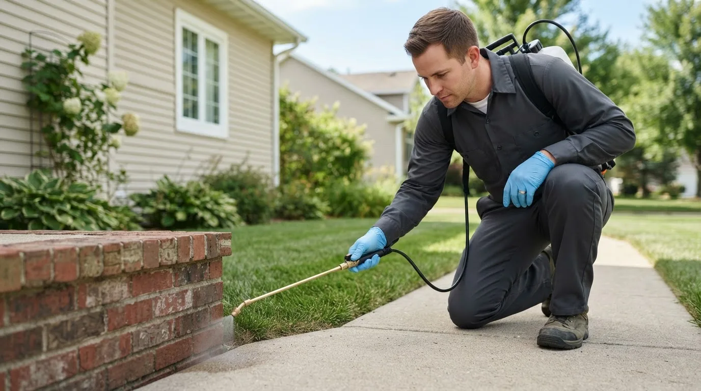 Pest control technician treating a home near Exline, IA