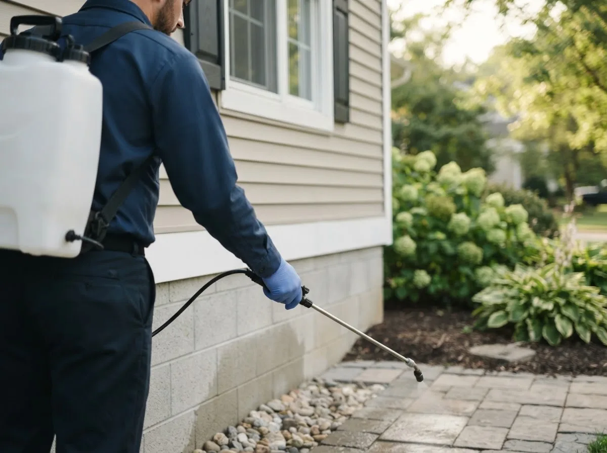 Pest control technician inspecting a home in Exline, IA